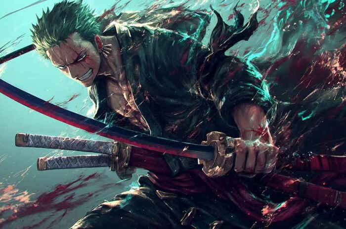 Fond d'écran Roronoa Zoro en position de combat avec katana et effets turquoise dynamiques de l'anime One Piece en fond d'écran HD 4K à télécharger gratuitement pour Pc et téléphone portable.