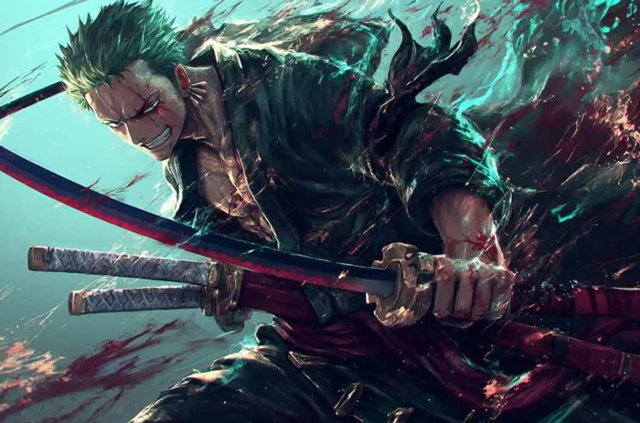 Roronoa Zoro combat stance wallpaper with katana and dynamic turquoise effects from One Piece anime in HD 4K background free download Pc & mobile phone