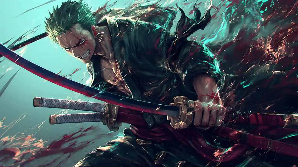 Roronoa Zoro combat stance wallpaper with katana and dynamic turquoise effects from One Piece anime in HD 4K background free download Pc & mobile phone