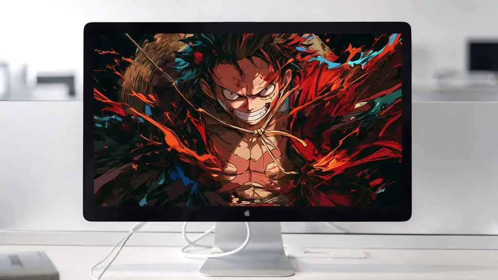 Monkey D. Luffy fond d'écran gros plan 4K avec un sourire féroce et des effets rouges explosifs de l'anime One Piece fond d'écran ultra HD pour Pc & téléphone portable gratuit