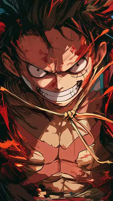 Monkey D. Luffy fond d'écran gros plan 4K avec un sourire féroce et des effets rouges explosifs de l'anime One Piece fond d'écran ultra HD pour Pc & téléphone portable gratuit