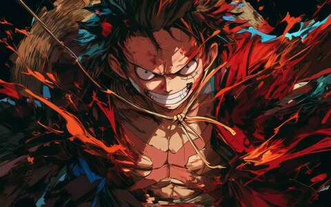 Monkey D. Luffy fond d'écran gros plan 4K avec un sourire féroce et des effets rouges explosifs de l'anime One Piece fond d'écran ultra HD pour Pc & téléphone portable gratuit