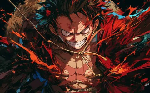 Monkey D. Luffy intense close-up wallpaper 4K with fierce grin and explosive red effects from One Piece anime ultra HD background for free Pc & mobile phone