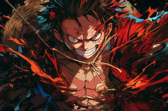 Monkey D. Luffy fond d'écran gros plan 4K avec un sourire féroce et des effets rouges explosifs de l'anime One Piece fond d'écran ultra HD pour Pc & téléphone portable gratuit