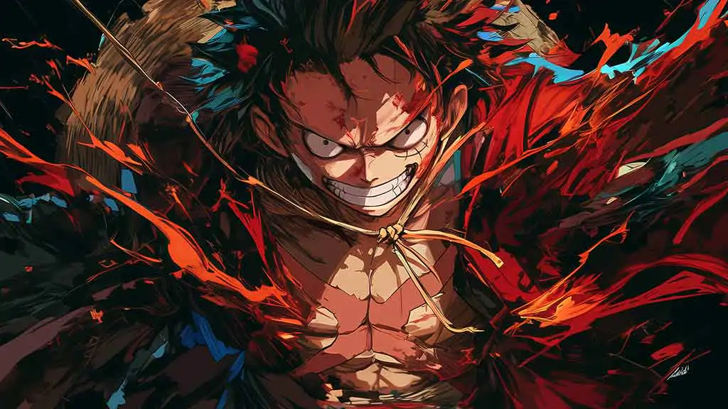 Monkey D. Luffy fond d'écran gros plan 4K avec un sourire féroce et des effets rouges explosifs de l'anime One Piece fond d'écran ultra HD pour Pc & téléphone portable gratuit