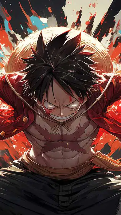 Fond d'écran 4k de Monkey D. Luffy à la puissance explosive avec arrière-plan dynamique rouge de l'anime One Piece HD à télécharger gratuitement pour PC et téléphone mobile iPhone