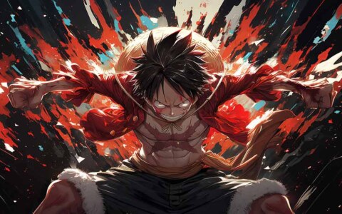 Fond d'écran 4k de Monkey D. Luffy à la puissance explosive avec arrière-plan dynamique rouge de l'anime One Piece HD à télécharger gratuitement pour PC et téléphone mobile iPhone