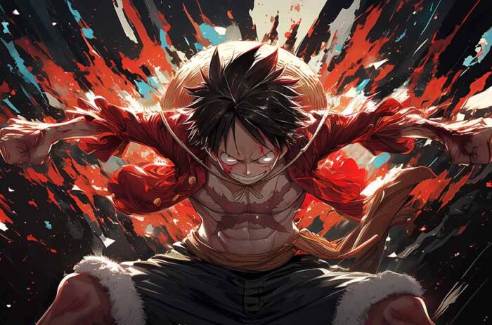 Fond d'écran 4k de Monkey D. Luffy à la puissance explosive avec arrière-plan dynamique rouge de l'anime One Piece HD à télécharger gratuitement pour PC et téléphone mobile iPhone