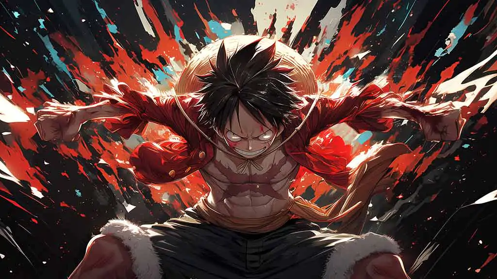 Fond d'écran 4k de Monkey D. Luffy à la puissance explosive avec arrière-plan dynamique rouge de l'anime One Piece HD à télécharger gratuitement pour PC et téléphone mobile iPhone