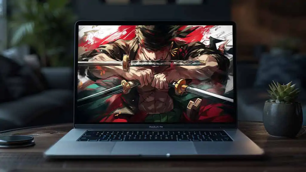 Roronoa Zoro three-sword style wallpaper 4K with dramatic red and green effects from One Piece anime HD background free for PC & Mobile phone