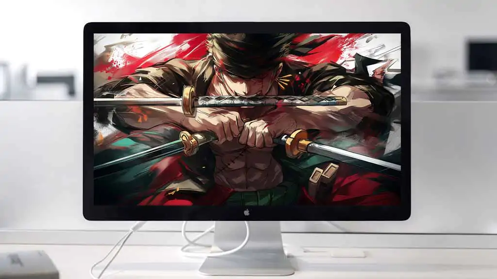 Fond d'écran 4K de Roronoa Zoro à trois épées avec des effets dramatiques rouges et verts de l'anime One Piece Fond d'écran HD gratuit pour PC et téléphone portable