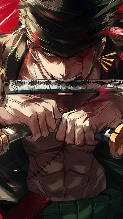 Roronoa Zoro three-sword style wallpaper 4K with dramatic red and green effects from One Piece anime HD background free for PC & Mobile phone