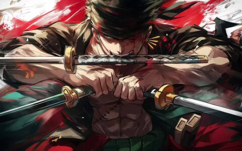 Roronoa Zoro three-sword style wallpaper 4K with dramatic red and green effects from One Piece anime HD background free for PC & Mobile phone