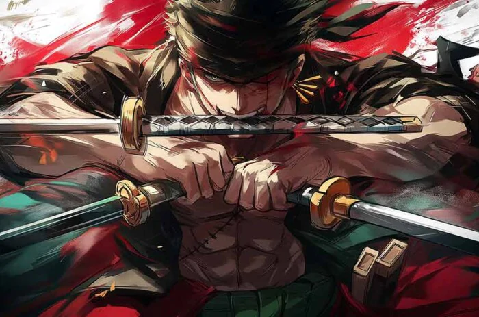 Roronoa Zoro three-sword style wallpaper 4K with dramatic red and green effects from One Piece anime HD background free for PC & Mobile phone