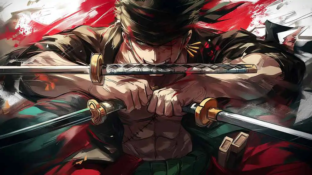 Roronoa Zoro three-sword style wallpaper 4K with dramatic red and green effects from One Piece anime HD background free for PC & Mobile phone