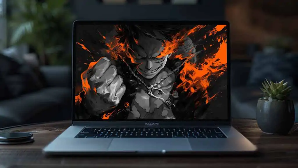 Fond d'écran Monkey D. Luffy noir et blanc 4k avec effets de flammes oranges - Art d'anime One Piece fond HD gratuit pour PC et téléphone portable