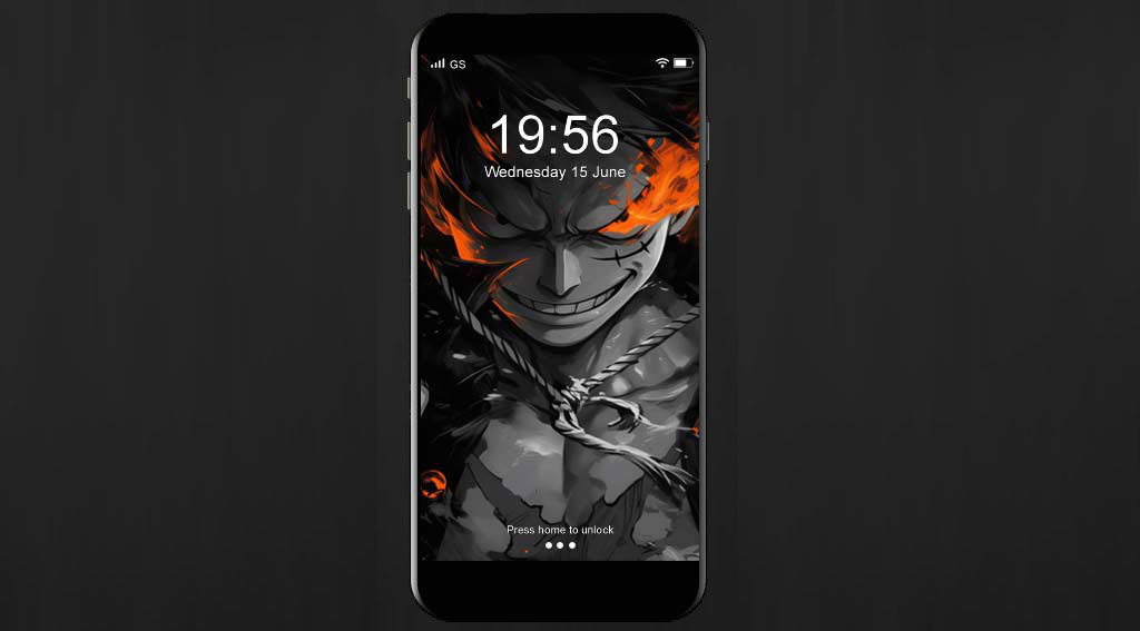 Monkey D. Luffy black and white wallpaper 4k with orange flame effects - One Piece anime art HD background free for Pc & Mobile phone