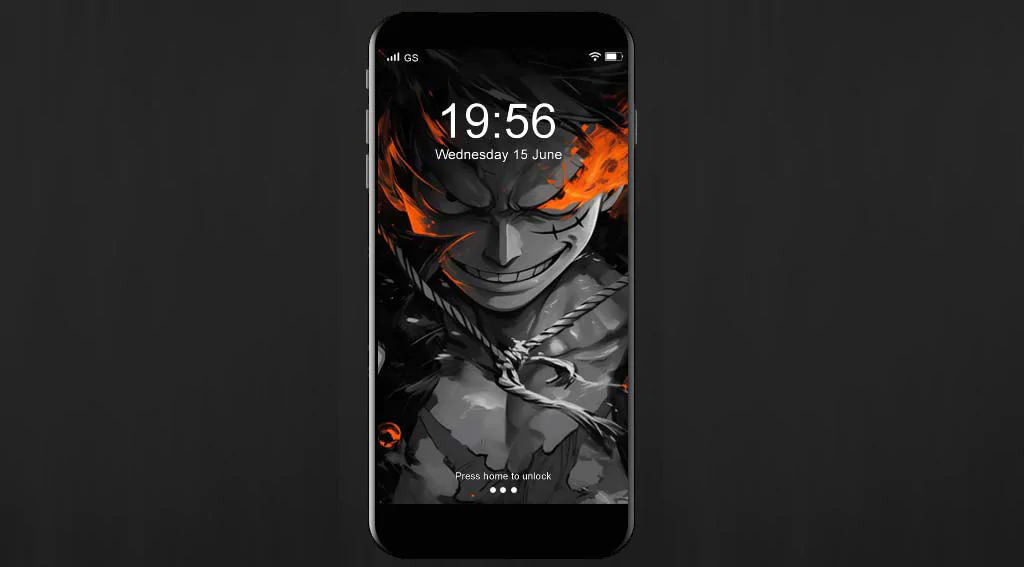 Fond d'écran Monkey D. Luffy noir et blanc 4k avec effets de flammes oranges - Art d'anime One Piece fond HD gratuit pour PC et téléphone portable