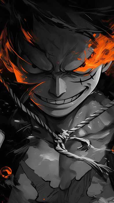 Monkey D. Luffy black and white wallpaper 4k with orange flame effects - One Piece anime art HD background free for Pc & Mobile phone