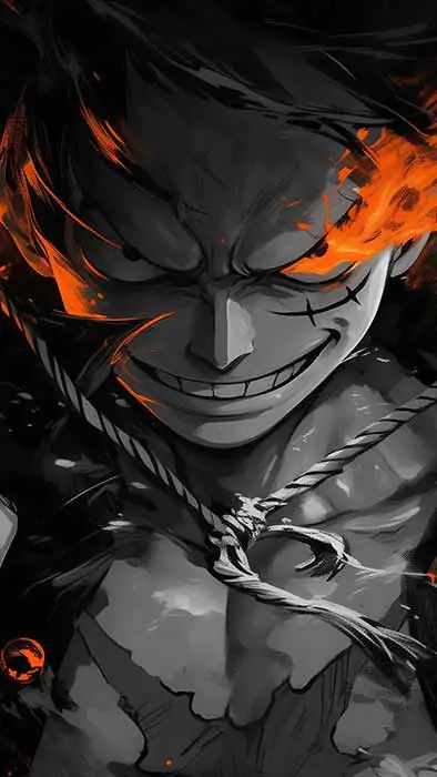 Fond d'écran Monkey D. Luffy noir et blanc 4k avec effets de flammes oranges - Art d'anime One Piece fond HD gratuit pour PC et téléphone portable