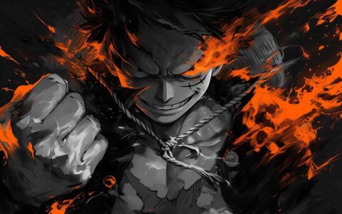 Fond d'écran Monkey D. Luffy noir et blanc 4k avec effets de flammes oranges - Art d'anime One Piece fond HD gratuit pour PC et téléphone portable