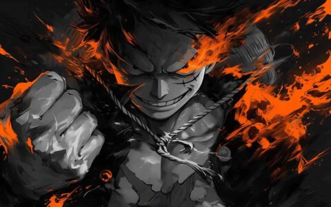 Monkey D. Luffy black and white wallpaper 4k with orange flame effects - One Piece anime art HD background free for Pc & Mobile phone