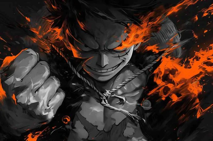 Fond d'écran Monkey D. Luffy noir et blanc 4k avec effets de flammes oranges - Art d'anime One Piece fond HD gratuit pour PC et téléphone portable