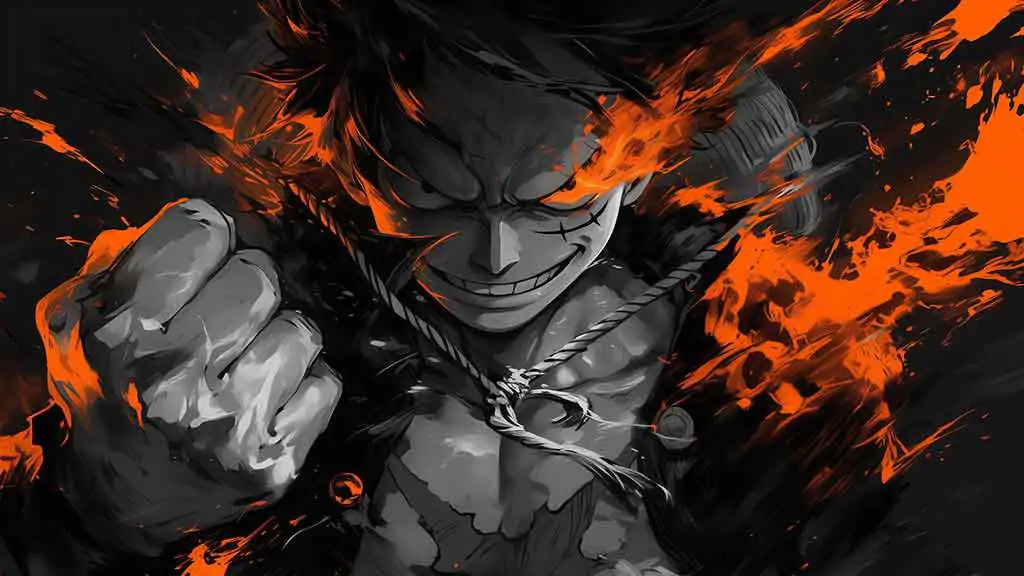 Fond d'écran Monkey D. Luffy noir et blanc 4k avec effets de flammes oranges - Art d'anime One Piece fond HD gratuit pour PC et téléphone portable