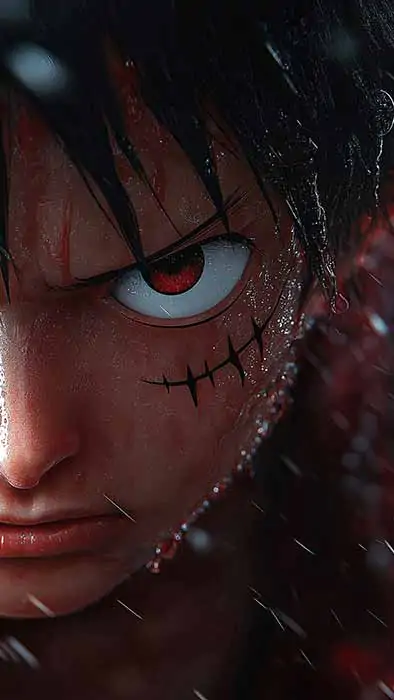 Fond d'écran portrait en gros plan de Monkey D Luffy 4K avec des yeux rouges et de la pluie Téléchargement gratuit d'arrière-plan Ultra HD pour PC et téléphone portable