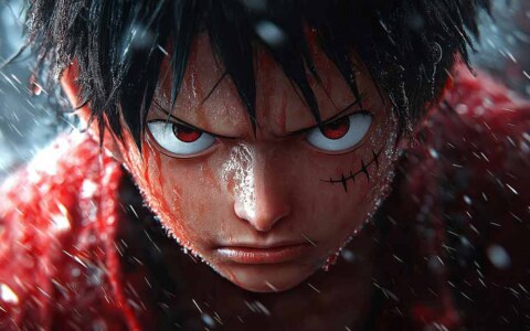 Fond d'écran portrait en gros plan de Monkey D Luffy 4K avec des yeux rouges et de la pluie Téléchargement gratuit d'arrière-plan Ultra HD pour PC et téléphone portable