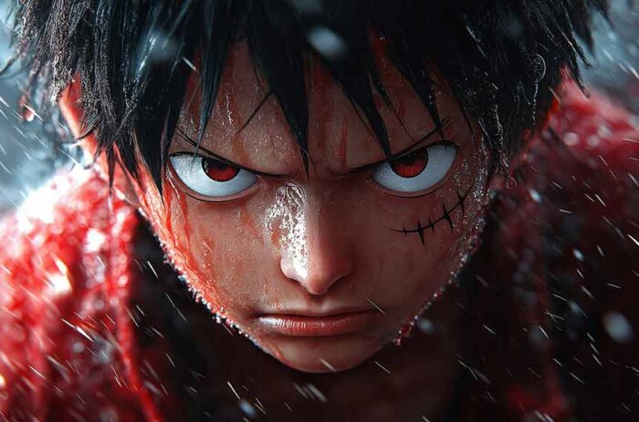 Fond d'écran portrait en gros plan de Monkey D Luffy 4K avec des yeux rouges et de la pluie Téléchargement gratuit d'arrière-plan Ultra HD pour PC et téléphone portable