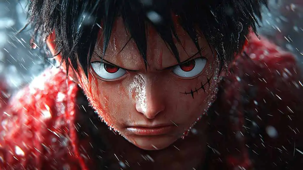 Fond d'écran de scène d'attaque dynamique One Piece Luffy 4K avec effets de feu et énergie explosive dans un style d'art anime ultra HD téléchargement gratuit pour téléphone mobile et iPhone