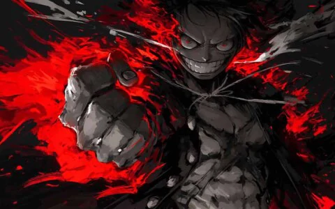 Dark artistic Luffy wallpaper 4k from One Piece with red effects determined expression free download background pc & mobile phone iphone