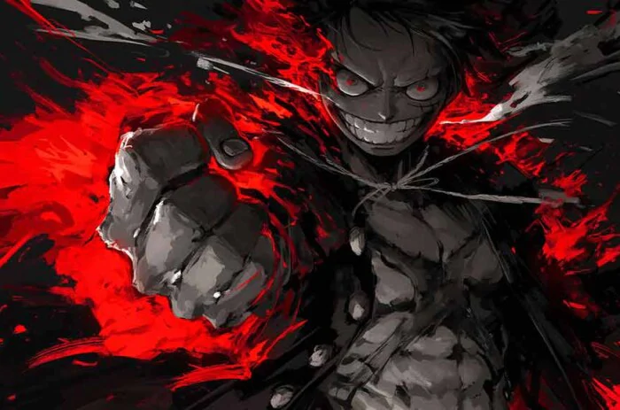 Fond d'écran Luffy artistique 4k de One Piece avec des effets rouges déterminés expression télécharger gratuitement fond d'écran pc & téléphone mobile iphone