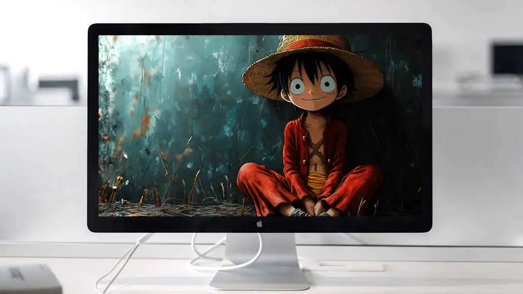 Fond d'écran Monkey D. Luffy assis 4k avec chapeau de paille et tenue rouge - One Piece anime fond artistique avec couleurs sarcelle Télécharger gratuitement pour Pc & Téléphone portable