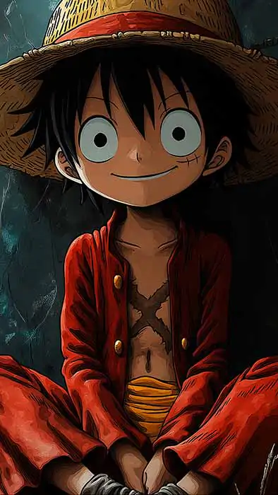 Fond d'écran Monkey D. Luffy assis 4k avec chapeau de paille et tenue rouge - One Piece anime fond artistique avec couleurs sarcelle Télécharger gratuitement pour Pc & Téléphone portable