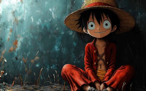 Fond d'écran Monkey D. Luffy assis 4k avec chapeau de paille et tenue rouge - One Piece anime fond artistique avec couleurs sarcelle Télécharger gratuitement pour Pc & Téléphone portable