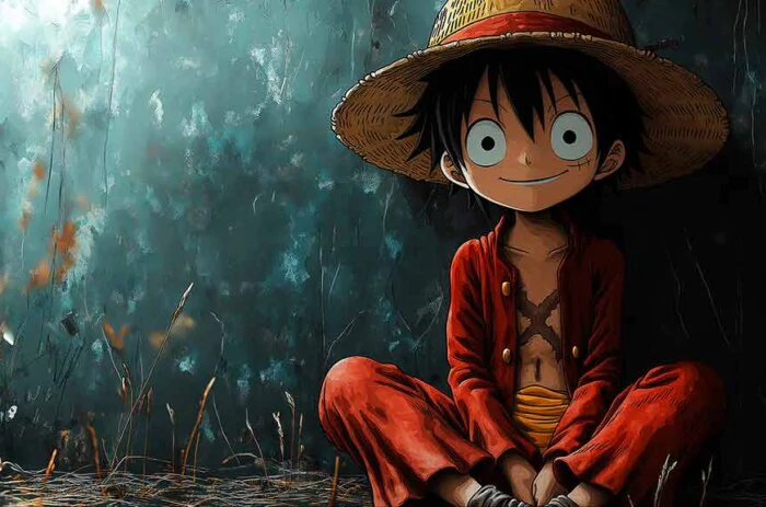 Fond d'écran Monkey D. Luffy assis 4k avec chapeau de paille et tenue rouge - One Piece anime fond artistique avec couleurs sarcelle Télécharger gratuitement pour Pc & Téléphone portable