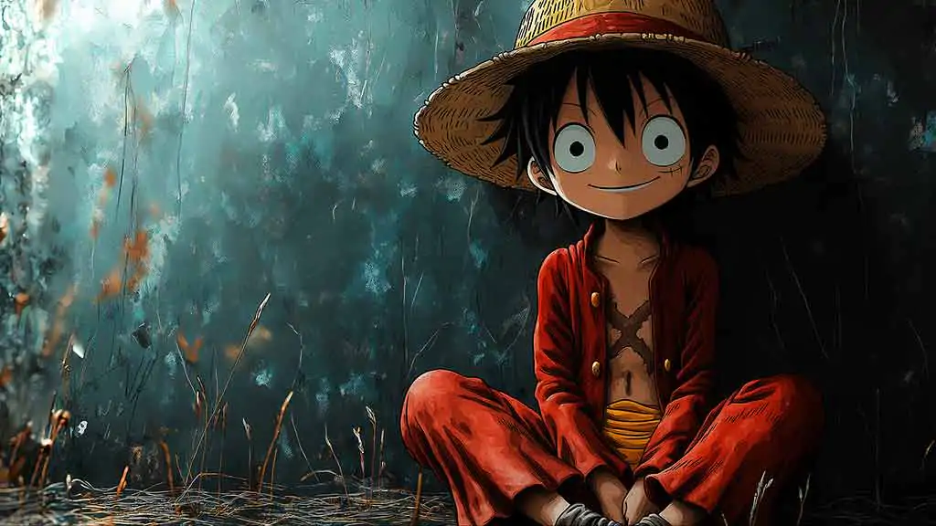 Fond d'écran Monkey D. Luffy assis 4k avec chapeau de paille et tenue rouge - One Piece anime fond artistique avec couleurs sarcelle Télécharger gratuitement pour Pc & Téléphone portable