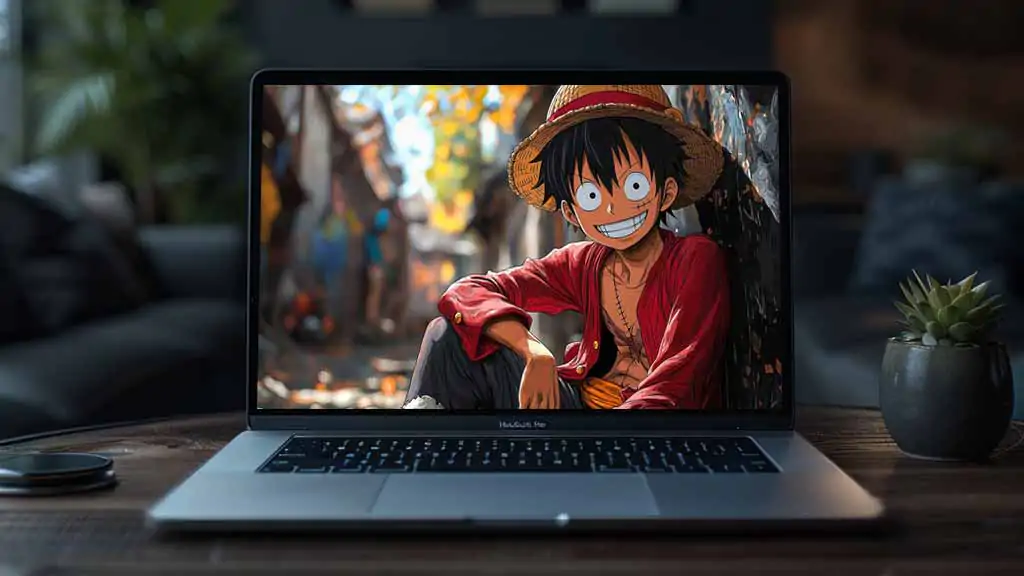 Fond d'écran 4K de Monkey D. Luffy avec son sourire joyeux dans une rue automnale, tiré de l'anime One Piece, en HD à télécharger gratuitement pour PC et mobile