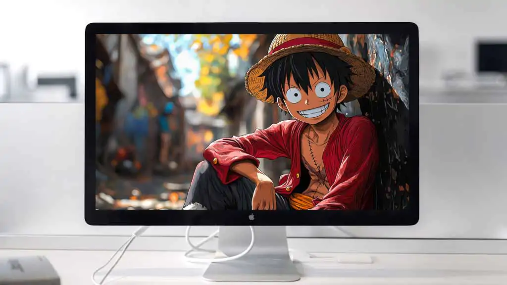 Fond d'écran 4K de Monkey D. Luffy avec son sourire joyeux dans une rue automnale, tiré de l'anime One Piece, en HD à télécharger gratuitement pour PC et mobile