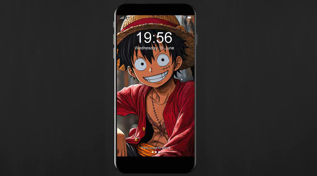 Fond d'écran 4K de Monkey D. Luffy avec son sourire joyeux dans une rue automnale, tiré de l'anime One Piece, en HD à télécharger gratuitement pour PC et mobile