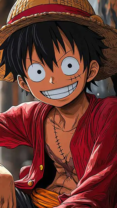 Fond d'écran 4K de Monkey D. Luffy avec son sourire joyeux dans une rue automnale, tiré de l'anime One Piece, en HD à télécharger gratuitement pour PC et mobile