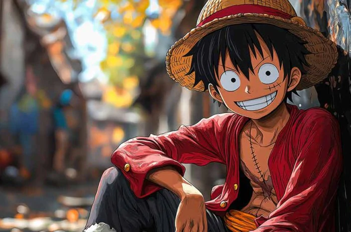 Fond d'écran 4K de Monkey D. Luffy avec son sourire joyeux dans une rue automnale, tiré de l'anime One Piece, en HD à télécharger gratuitement pour PC et mobile