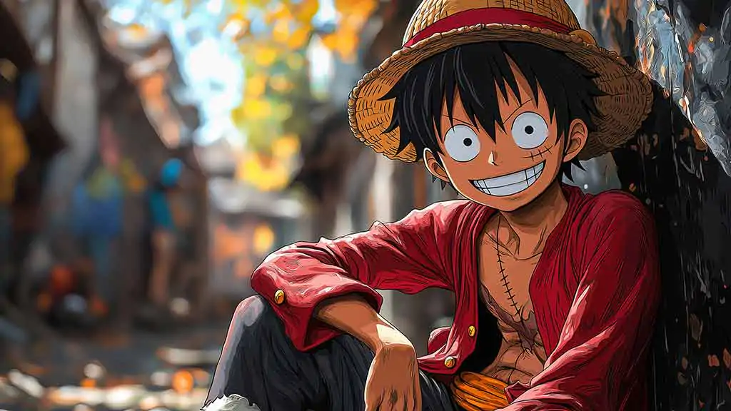 Fond d'écran 4K de Monkey D. Luffy avec son sourire joyeux dans une rue automnale, tiré de l'anime One Piece, en HD à télécharger gratuitement pour PC et mobile