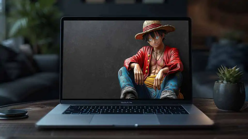 Fond d'écran 4k de Monkey D. Luffy en rendu 3D réaliste, assis de façon décontractée dans sa veste rouge emblématique et son chapeau de paille. Fond d'écran HD à télécharger gratuitement pour Pc et Mobile.