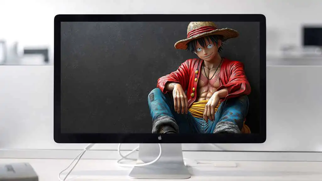 Fond d'écran 4k de Monkey D. Luffy en rendu 3D réaliste, assis de façon décontractée dans sa veste rouge emblématique et son chapeau de paille. Fond d'écran HD à télécharger gratuitement pour Pc et Mobile.