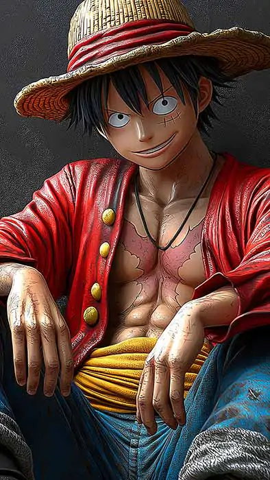 Fond d'écran 4k de Monkey D. Luffy en rendu 3D réaliste, assis de façon décontractée dans sa veste rouge emblématique et son chapeau de paille. Fond d'écran HD à télécharger gratuitement pour Pc et Mobile.