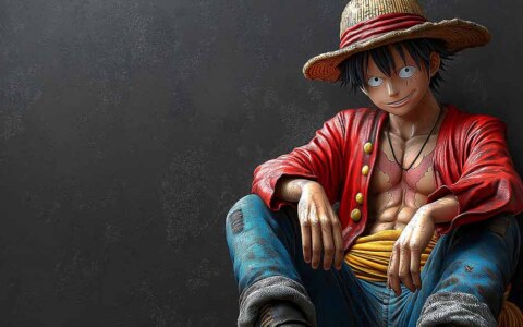 Fond d'écran 4k de Monkey D. Luffy en rendu 3D réaliste, assis de façon décontractée dans sa veste rouge emblématique et son chapeau de paille. Fond d'écran HD à télécharger gratuitement pour Pc et Mobile.