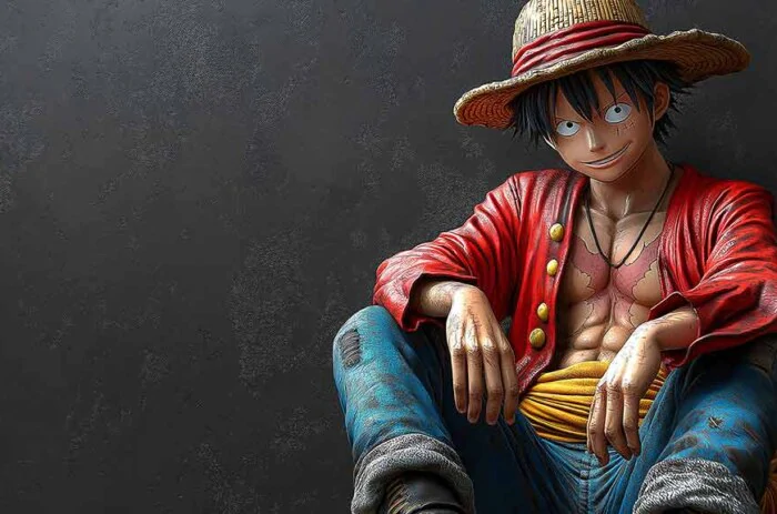 Fond d'écran 4k de Monkey D. Luffy en rendu 3D réaliste, assis de façon décontractée dans sa veste rouge emblématique et son chapeau de paille. Fond d'écran HD à télécharger gratuitement pour Pc et Mobile.